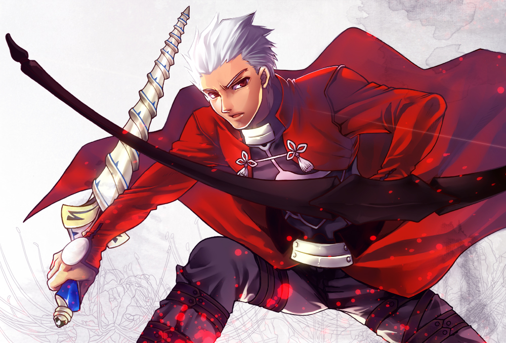 1boy archer aya_(pixiv73672) bow_(weapon) caladbolg dark_skin fate/stay_night fate_(series) red_eyes solo sword weapon white_hair