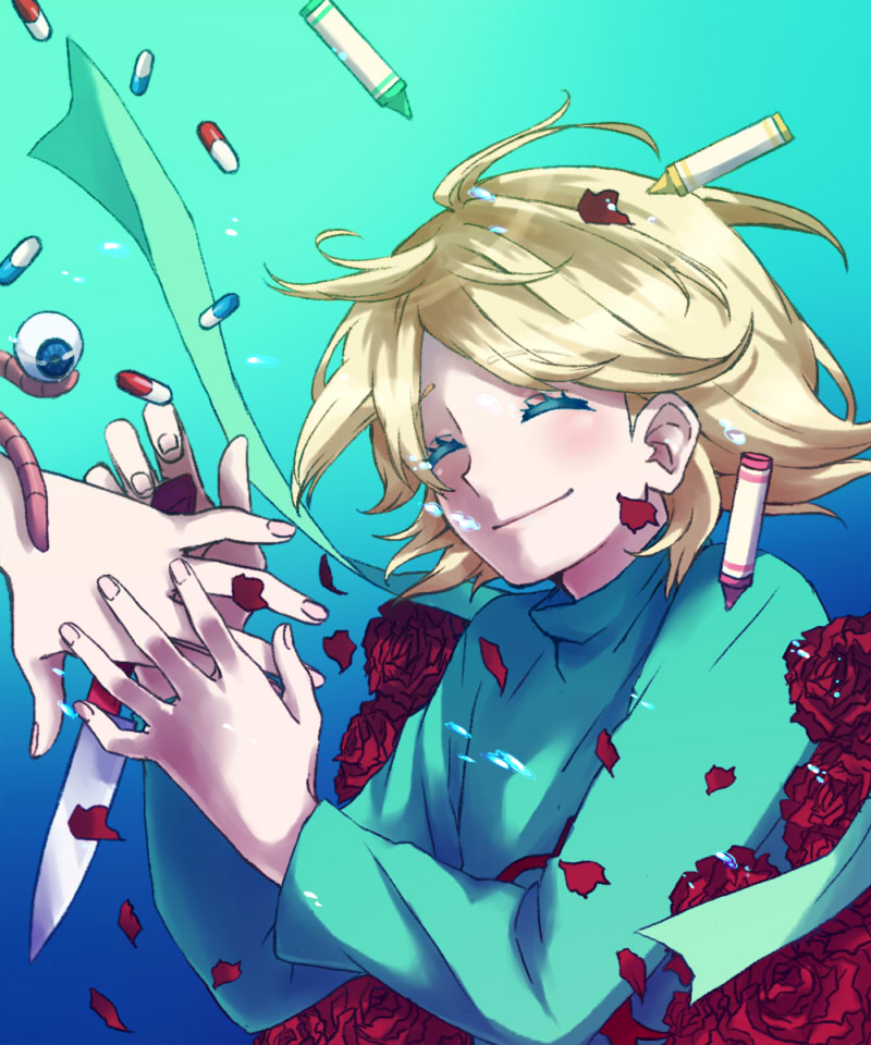 a_(character) blonde_hair closed_eyes crayon eyeball eyes_closed flower knife nostalgic pill rose smile spoilers tomatomikan worms