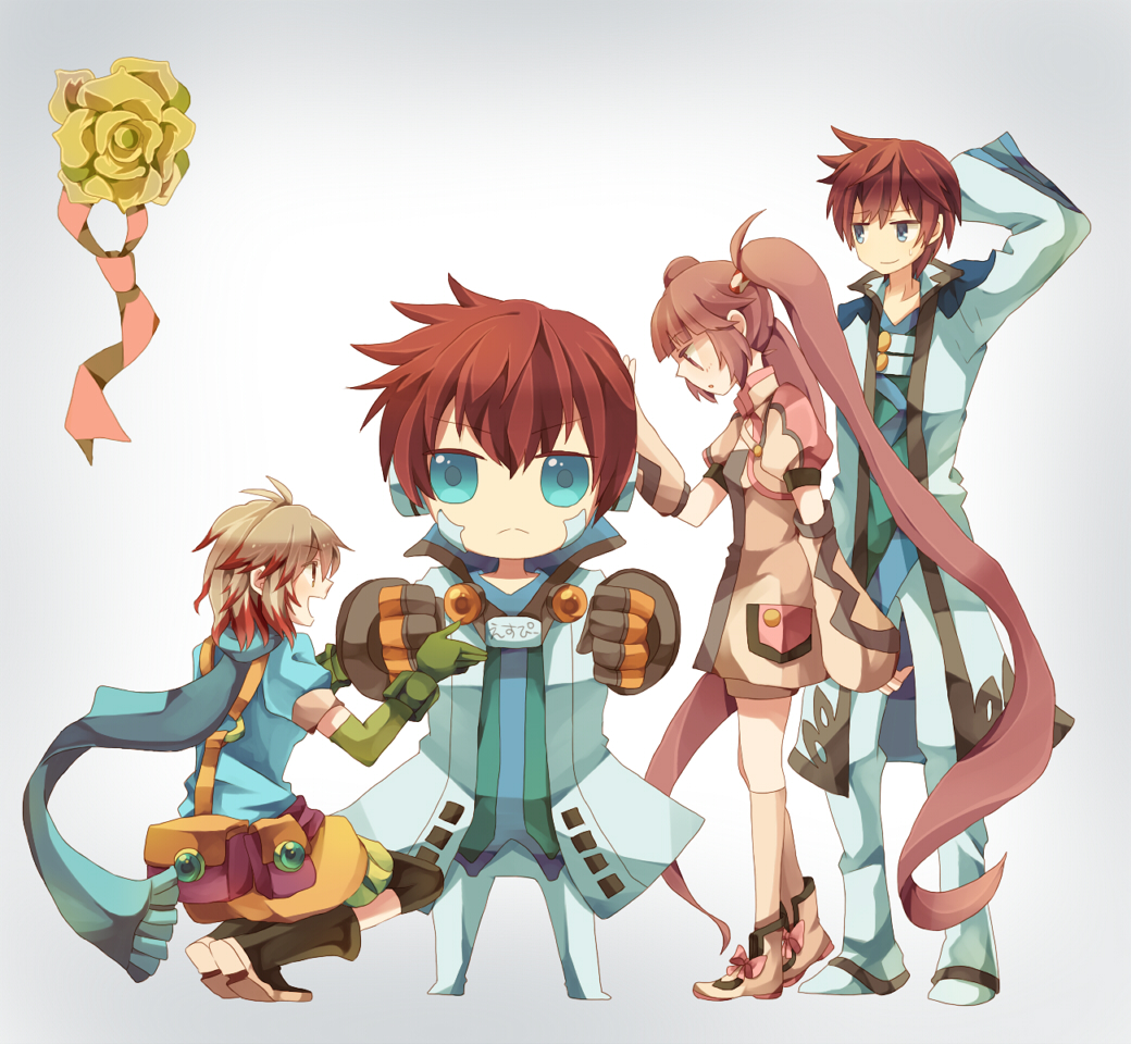 alternate_costume asbel_lhant blue_eyes brown_hair gloves long_hair mecha_asbel multicolored_hair pascal purple_eyes purple_hair scarf smile sophie_(tales_of_graces) tales_of_(series) tales_of_graces twintails violet_eyes yachi_kou