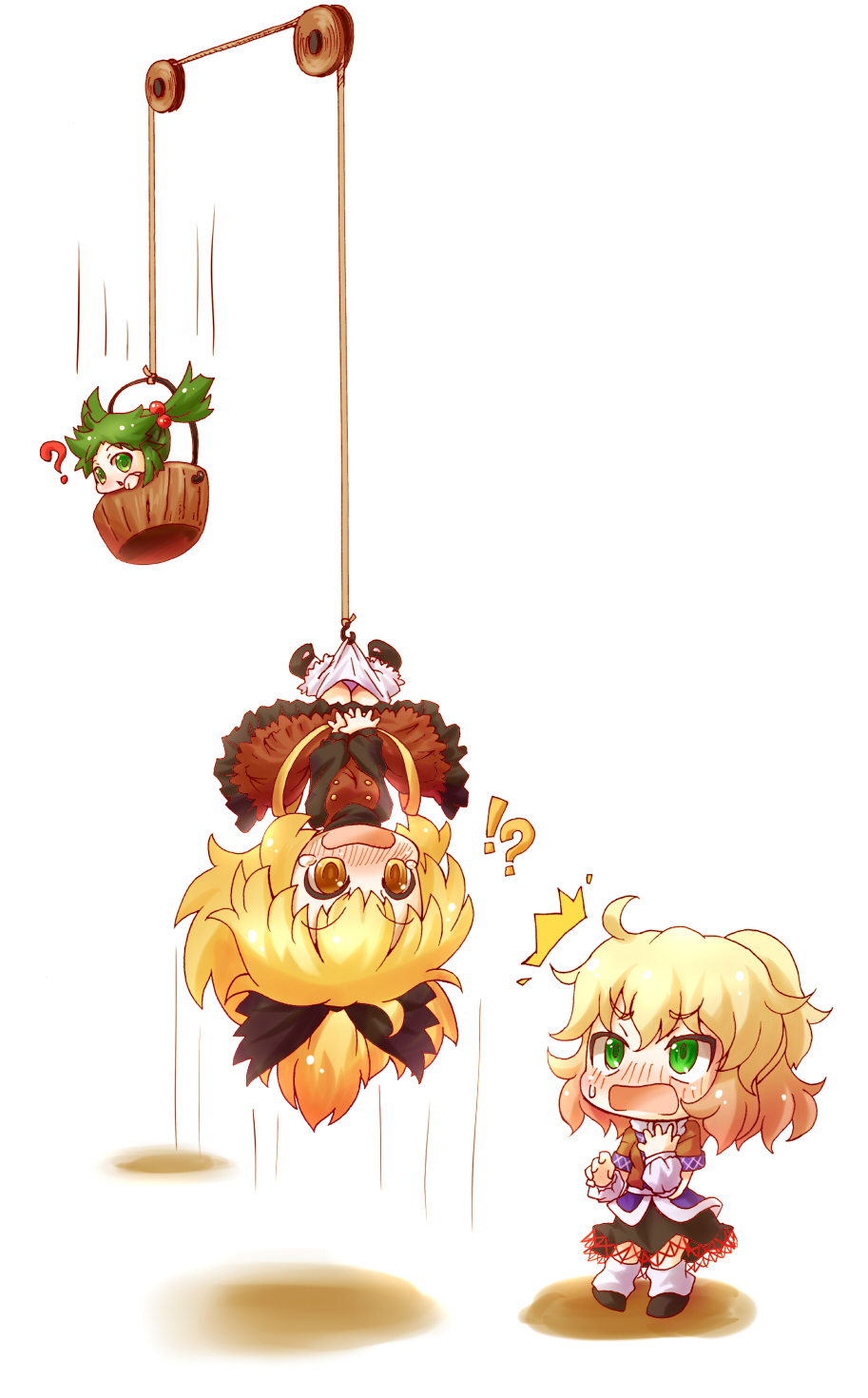 !? 3girls ? arinu arm_warmers blonde_hair bloomers bloomers_pull blush bow brown_dress brown_eyes bucket chibi covering covering_crotch dress green_eyes green_hair hair_bobbles hair_bow hair_ornament hanging highres in_bucket in_container kisume kurodani_yamame long_sleeves mizuhashi_parsee multiple_girls open_mouth panties panty_pull ponytail shirt short_sleeves skirt surprised tears touhou twintails underwear upside-down v_arms