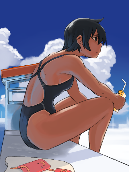 1girl beach black_eyes black_hair clouds competition_swimsuit juice_box kickboard lvi one-piece_swimsuit original short_hair sitting sky swimsuit