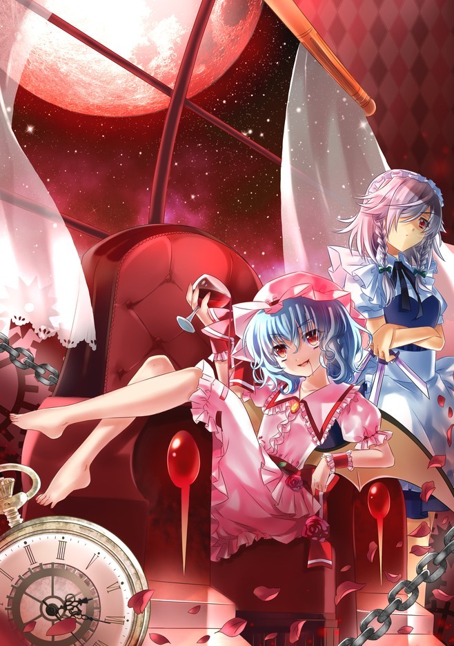 2girls apron barefoot bat_wings blue_dress blue_hair braid chain chains chair crossed_arms cup curtains dress full_moon hair_over_one_eye hair_ribbon hat hat_ribbon izayoi_sakuya jiji_(381134808) knife looking_at_viewer maid maid_headdress moon multiple_girls night open_mouth petals pink_dress pocket_watch puffy_sleeves red_moon remilia_scarlet ribbon short_sleeves sitting sky smile spilling star_(sky) touhou twin_braids waist_apron watch window wine_glass wings wrist_cuffs
