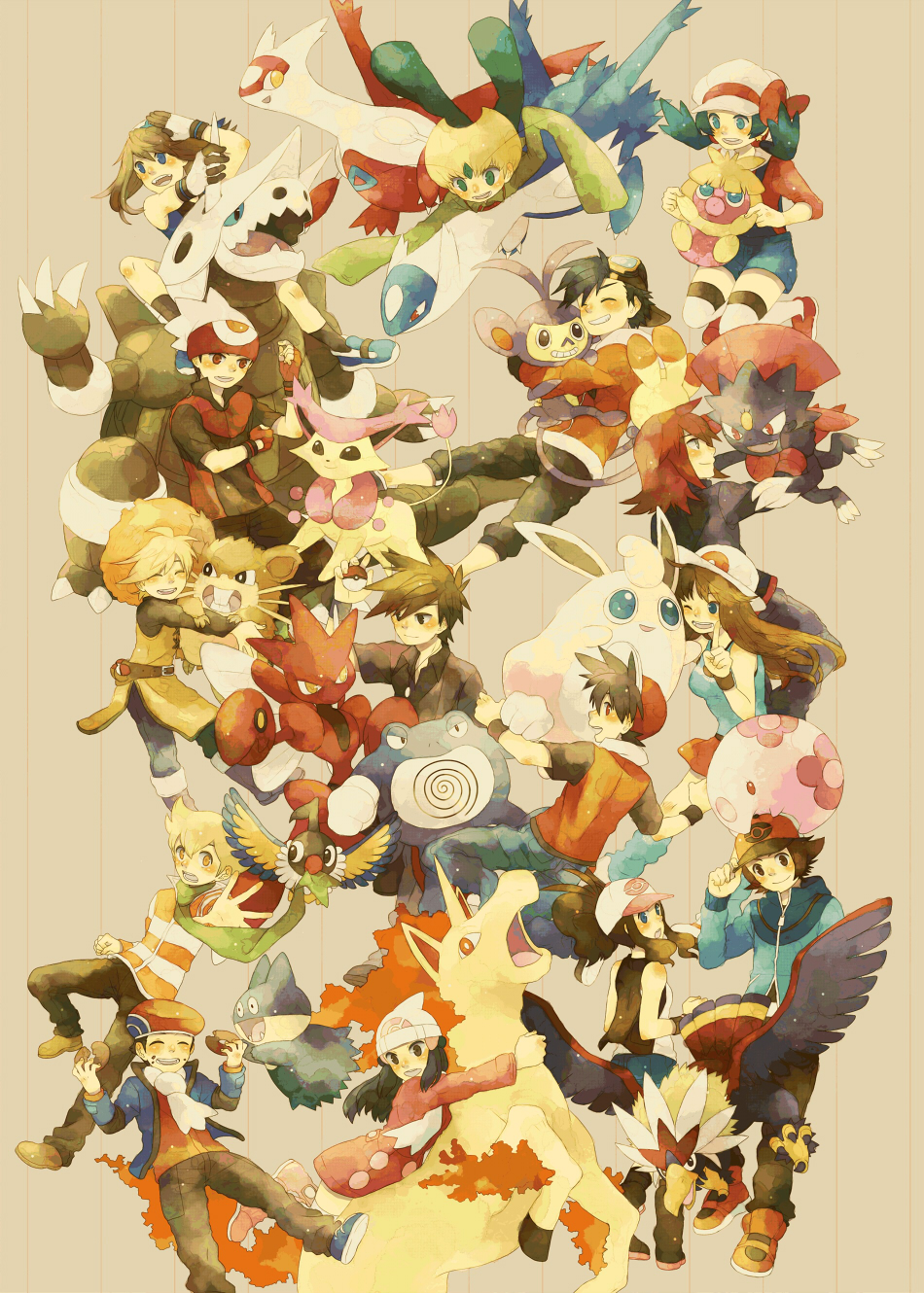 6+boys 6+girls aggron ambipom backwards_hat baseball_cap beanie black_gloves black_hair blonde_hair blue_(pokemon) braviary brown_hair chatot crystal_(pokemon) delcatty denim denim_shorts diamond_(pokemon) earrings eating emerald_(pokemon) fingerless_gloves gloves goggles_on_hat gold_(pokemon) hat hat_ribbon highres holding holding_poke_ball jacket jewelry jun_(pokemon) kutta latias latios long_hair miniskirt multiple_boys multiple_girls munchlax munna odamaki_sapphire ookido_green overalls platinum_berlitz poke_ball pokemon pokemon_special poliwrath rapidash raticate red_(pokemon) red_hair redhead ribbon ruby_(pokemon) scarf scizor short_hair shorts silver_(pokemon) skirt smoochum straw_hat touko_(pokemon) touya_(pokemon) twintails vest weavile white_legwear wigglytuff winter_clothes wristband yellow_(pokemon)