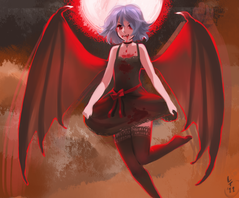 1girl alternate_costume bare_shoulders bat_wings black_dress blood blood_on_face blue_hair bow choker cross curtsey dress flat_chest licking_lips magical_ondine moon no_hat no_headwear no_shoes red_eyes red_moon remilia_scarlet short_hair solo thigh-highs thighhighs touhou vampire wings