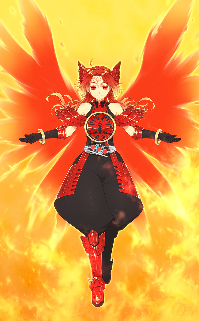 1girl bare_shoulders belt female genderswap kamen_rider kamen_rider_ooo kamen_rider_ooo_(series) long_hair outstretched_arms puffy_pants red_eyes red_hair redhead rider-tan solo tajador_(ooo_combo) wings yamamaru