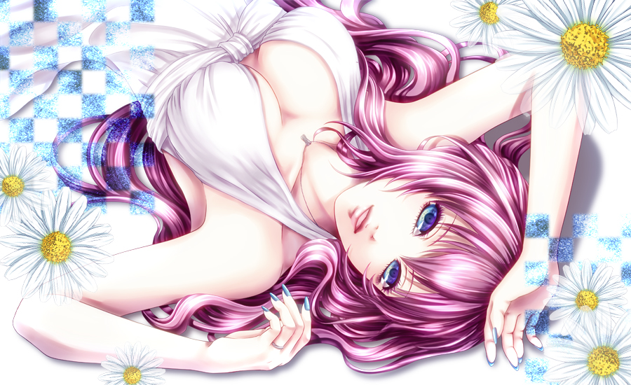 1girl achikoako blue_eyes breasts cleavage dress flower jewelry lipstick long_nails looking_at_viewer lying makeup megurine_luka nail_polish necklace parted_lips pink_hair ring solo vocaloid