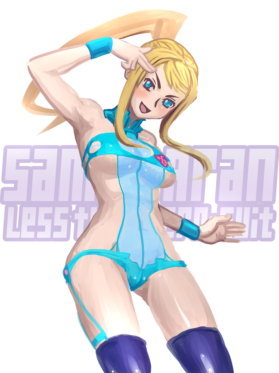adapted_costume bare_shoulders bikini blonde_hair blue_eyes blue_legwear breasts female finger_gun halterneck highres large_breasts long_hair metroid open_mouth payot ponytail samus_aran solo swimsuit thigh-highs thighhighs under_boob underboob wristband zero_hime zero_suit zerohime zerohime_(pixiv1491159)