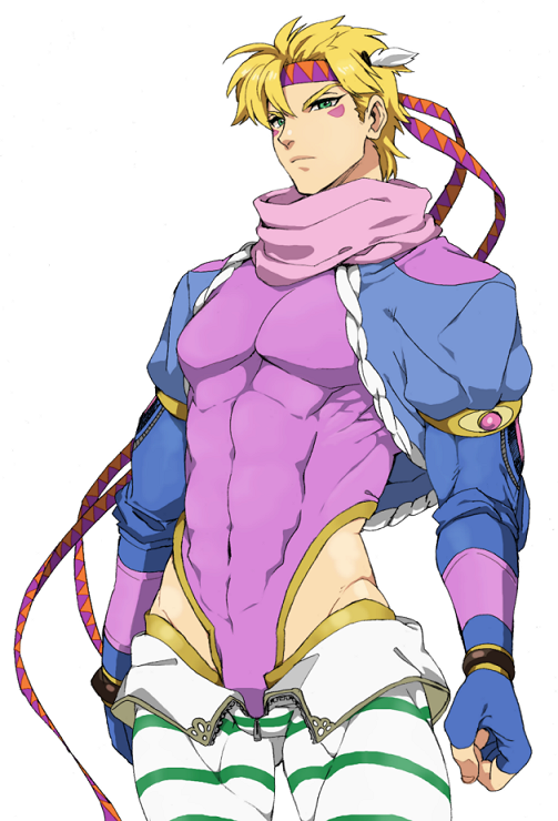 1boy blonde_hair caesar_anthonio_zeppeli cropped_jacket facial_mark feathers green_eyes headband jojo_no_kimyou_na_bouken kisarazu_tetsuya leotard scarf solo striped striped_pants tight_clothes