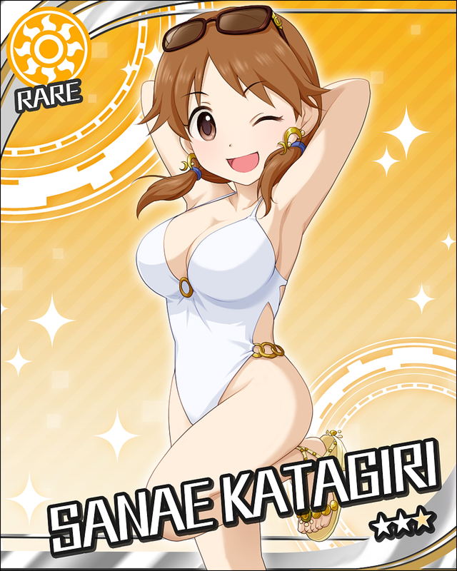 1girl ;d armpits arms_behind_head arms_up breasts brown_eyes brown_hair casual_one-piece_swimsuit character_name cleavage earrings highleg highleg_swimsuit idolmaster idolmaster_cinderella_girls jewelry jpeg_artifacts katagiri_sanae large_breasts leg_lift looking_at_viewer low_twintails o-ring o-ring_swimsuit official_art one-piece_swimsuit open_mouth orange_background posing sandals short_hair short_twintails smile solo sun_(symbol) sunglasses sunglasses_on_head swimsuit twintails white_swimsuit wink