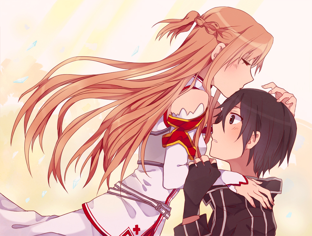 1boy 1girl asuna_(sao) bare_shoulders black_eyes black_hair blush breastplate brown_hair closed_eyes couple detached_sleeves eyes_closed fingerless_gloves forehead_kiss gloves karudoll kirito kiss long_hair short_hair sword_art_online yuuki_asuna