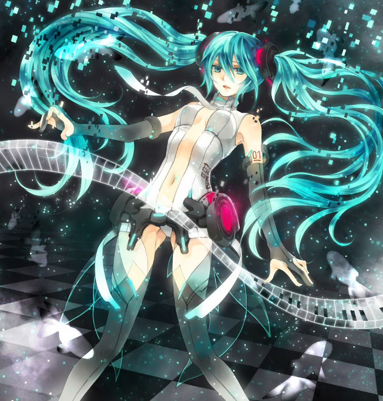 1girl bridal_gauntlets center_opening checkered checkered_floor digital_dissolve floating_hair green_eyes green_hair hatsune_miku hatsune_miku_(append) long_hair miku_append navel necktie piano_keys solo thigh-highs thighhighs twintails very_long_hair vocaloid vocaloid_append welkin