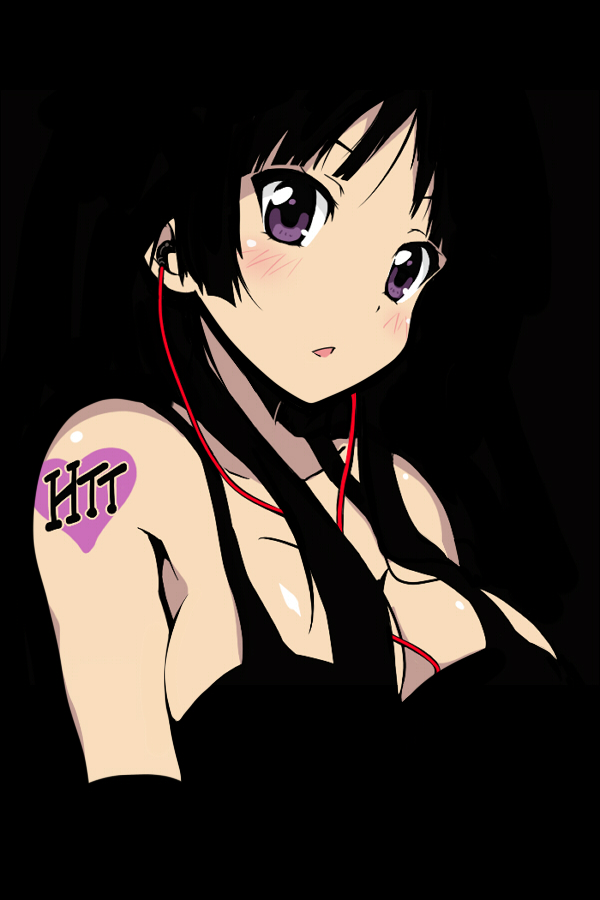 akiyama_mio bare_shoulders black_background black_hair blush breasts cleavage earbuds earphones heart hime_cut k-on! long_hair looking_at_viewer parted_lips purple_eyes simple_background solo tank_top tattoo tom_(drpow) violet_eyes