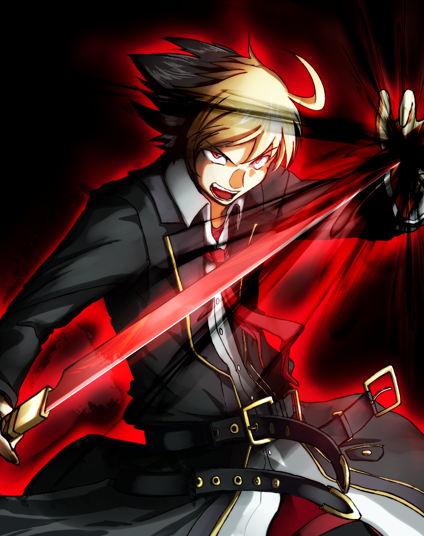 1boy ahoge belt black_hair blonde_hair blood hyde_(under_night_in-birth) jacket kusabi_(fatesyuki23) multicolored_hair multiple_belts necktie red_eyes school_uniform short_hair sword two-tone_hair under_night_in-birth weapon