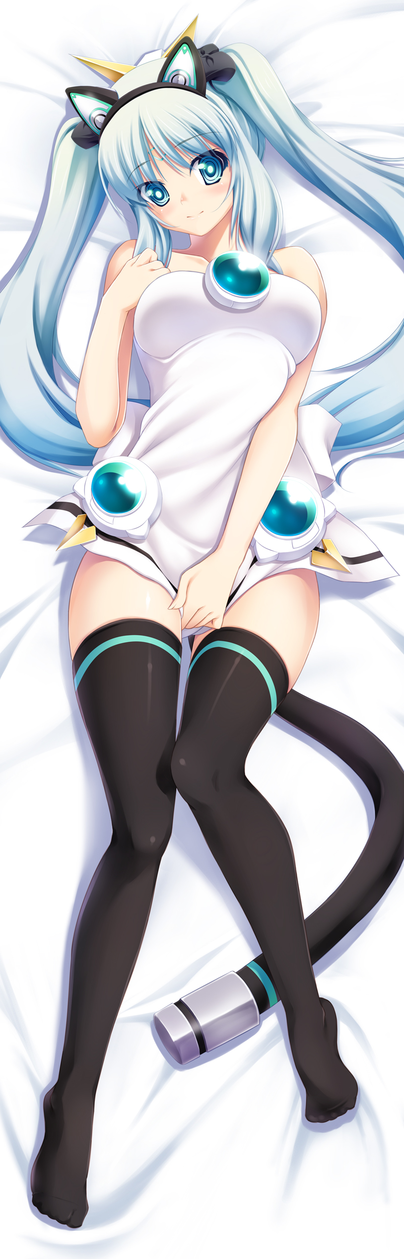 absurdres animal_ears artist_request black_legwear blue_eyes blue_hair cable cat_ears copyright_request covering covering_crotch dakimakura dress dress_pull highres kemonomimi legs nekomimi orb robot_ears tail thigh-highs thighhighs twintails