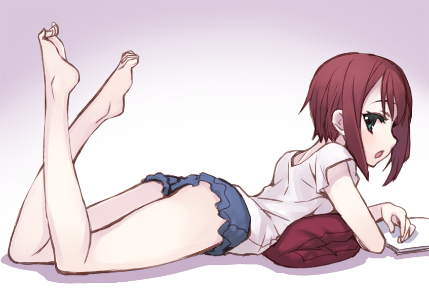 1girl bare_legs barefoot book brown_hair green_eyes kousaka_yukiho legs_up looking_at_viewer love_live!_school_idol_project lying matsuryuu on_stomach open_book open_mouth pillow rough short short_hair short_shorts shorts solo toes