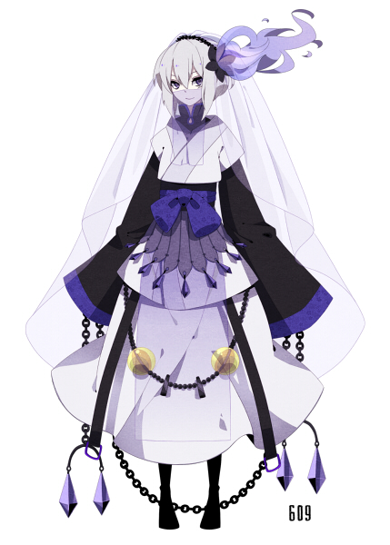 1girl boots bow chain chains chandelure crystal hair_ornament hairband japanese_clothes long_skirt merlusa personification pokemon pokemon_(game) pokemon_bw purple_eyes purple_hair short_hair simple_background skirt smile solo veil violet_eyes white_background