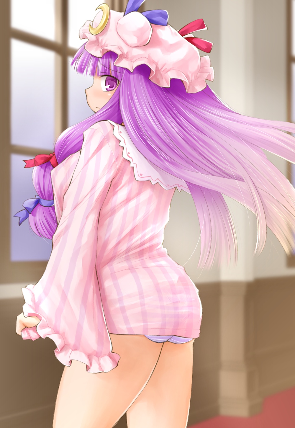 1girl ass babydoll blush breasts crescent hat highres kasuga_yukihito large_breasts long_hair nightgown no_pants panties patchouli_knowledge purple_eyes purple_hair revision see-through solo striped striped_panties touhou underwear violet_eyes window
