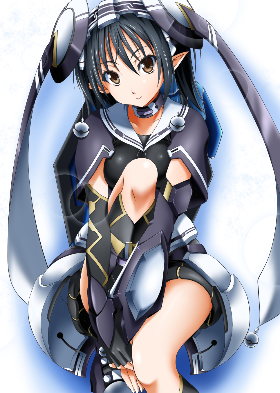 1girl black_hair body_blush brown_eyes gauntlets headgear highres knee_up phantasy_star phantasy_star_online_2 sitting solo sumeragi_tomo wiola_magica