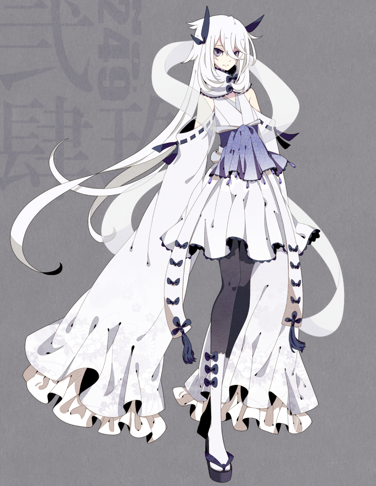 1girl detached_sleeves grey_eyes hair_ornament japanese_clothes long_hair lugia merlusa obi pantyhose personification pokemon pokemon_(game) sandals silver_eyes skirt solo source_request tabi white_hair