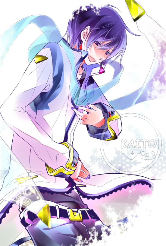 1boy blue_eyes blue_hair coat kaito kaito_(vocaloid3) male open_mouth scarf smile solo vocaloid