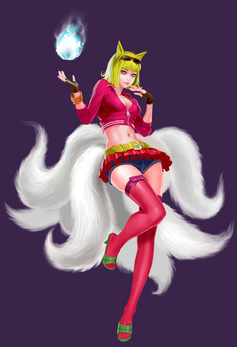 1girl ahri alternate_costume alternate_hair_color animal_ears belt blonde_hair breasts cleavage cropped_jacket fingerless_gloves fox_ears fox_tail gloves high_heels jacket league_of_legends lips midriff multiple_tails navel_piercing open_shoes orb piercing pink_legwear preter ribbon shoes short_hair skirt solo sunglasses sunglasses_on_head tail thigh-highs thighhighs wristband yellow_eyes zipper