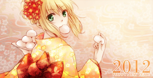 1girl 2012 blonde_hair fate/stay_night fate_(series) flower food from_behind green_eyes hair_bun hair_flower hair_ornament hair_up happy_new_year holding japanese_clothes kimono looking_at_viewer looking_back lowres mouth_hold new_year nikuman obi rynn_(seibu) saber short_hair silenri solo tray