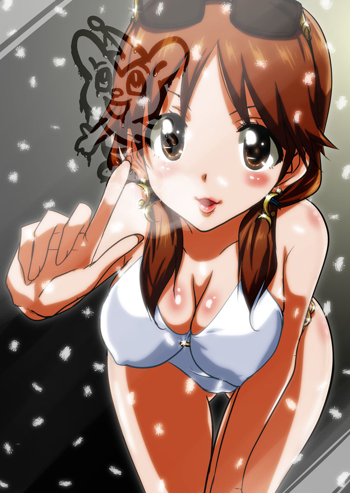 1girl against_glass bent_over breasts brown_eyes brown_hair cleavage condensation idolmaster idolmaster_cinderella_girls katagiri_sanae long_hair one-piece_swimsuit short_twintails snow solo sunglasses sunglasses_on_head swimsuit tame_meshi twintails