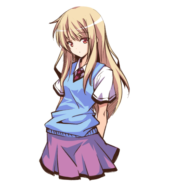 1girl arms_behind_back choco_la_tea long_hair looking_at_viewer necktie no_legs red_eyes sakura-sou_no_pet_na_kanojo sakura_sou_pet_na_kanojo shiina_mashiro simple_background skirt solo sweater_vest white_background