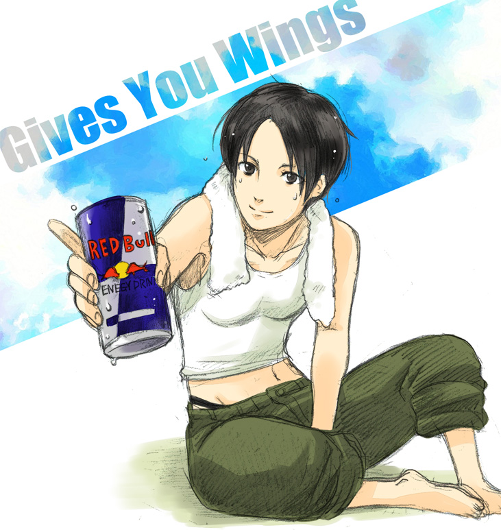 1girl ace_combat ace_combat_5 barefoot black_eyes black_hair can drink energy_drink inaba_tomoe kei_nagase navel product_placement red_bull short_hair solo tank_top