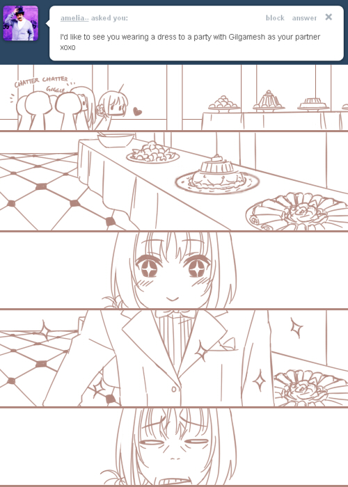 1girl ahoge blush chibi comic cross-shaped_pupils excalibur_face fate/stay_night fate_(series) food monochrome party rynn_(seibu) saber silenri silent_comic sparkle tumblr