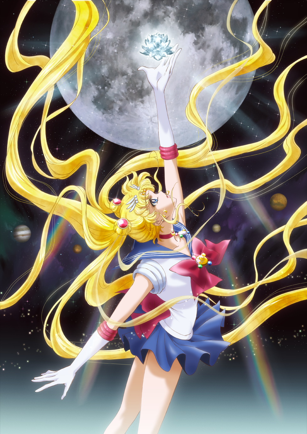 1girl arched_back bishoujo_senshi_sailor_moon bishoujo_senshi_sailor_moon_crystal blonde_hair blue_eyes bow bowtie brooch choker double_bun earrings elbow_gloves gloves hair_bun hair_ornament highres jewelry long_hair looking_up miniskirt moon official_art planet profile promotional_art raised_hand sailor_collar sailor_moon skirt solo space star star_(sky) starry_background takeuchi_naoko tsukino_usagi twintails very_long_hair white_gloves wind_lift