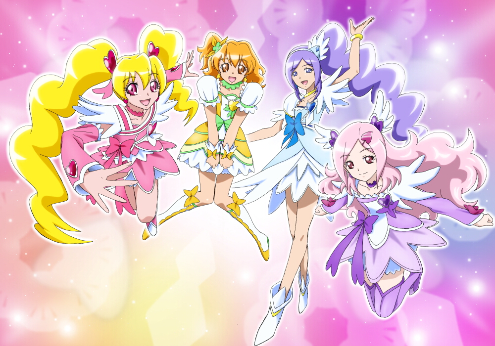 4girls aono_miki blonde_hair boots bow brown_eyes brown_hair choker cosplay cure_berry cure_diamond cure_diamond_(cosplay) cure_heart cure_heart_(cosplay) cure_passion cure_peach cure_pine cure_rosetta cure_rosetta_(cosplay) cure_sword cure_sword_(cosplay) dokidoki!_precure earrings fresh_precure! hair_ornament heart higashi_setsuna jewelry long_hair magical_girl momozono_love moritakusan multiple_girls pink_eyes pink_hair ponytail precure purple_eyes purple_hair short_hair smile twintails violet_eyes yamabuki_inori