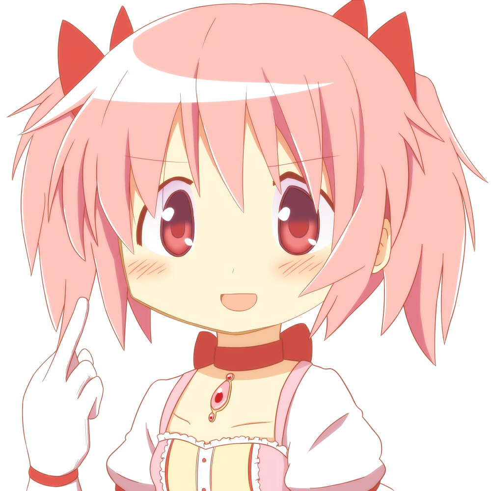 1girl bow choker gloves hair_ribbon hidamari_sketch highres kaname_madoka magical_girl mahou_shoujo_madoka_magica middle_finger open_mouth parody pink_eyes pink_hair ribbon short_hair short_twintails simple_background smile solo soul_gem temo twintails white_gloves