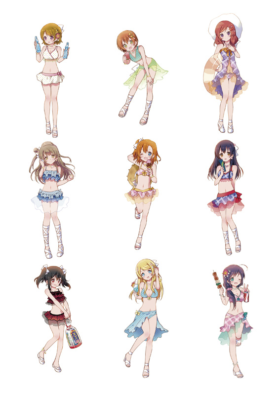 6+girls akame_(eckesachs) ayase_eli bag bikini bottle can flower food fruit hair_flower hair_ornament hoshizora_rin ice_cream koizumi_hanayo kousaka_honoka love_live!_school_idol_project minami_kotori multiple_girls nishikino_maki ramune sarong sonoda_umi swimsuit toujou_nozomi watermelon wink yakitori yazawa_nico