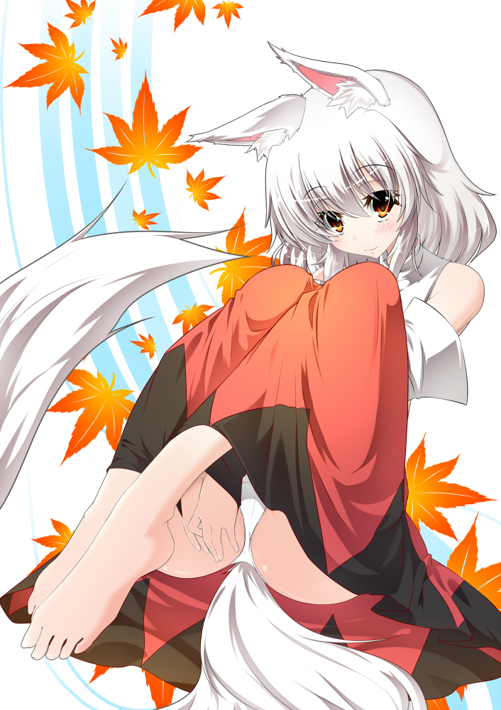 1girl animal_ears bare_shoulders barefoot detached_collar inu3 inubashiri_momiji panties pantyshot red_eyes short_hair smile solo tail touhou underwear white_hair white_panties wolf_ears wolf_tail