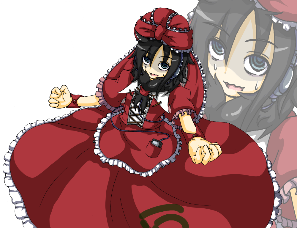 1girl black_hair bow cosplay dress frills front_ponytail grey_eyes hair_bow hair_ribbon headphones kagiyama_hina kagiyama_hina_(cosplay) kuroki_tomoko media_player red_dress ribbon ringed_eyes solo teikoku_gensui touhou watashi_ga_motenai_no_wa_dou_kangaetemo_omaera_ga_warui! zoom_layer