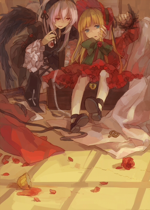 2girls blonde_hair blue_eyes box cup dress feathers flower gothic_lolita hands_on_another's_face hands_on_another's_face key lolita_fashion lolita_hairband long_hair multiple_girls petals pink_eyes rose rozen_maiden shinku shrie silver_hair suigintou tea teacup