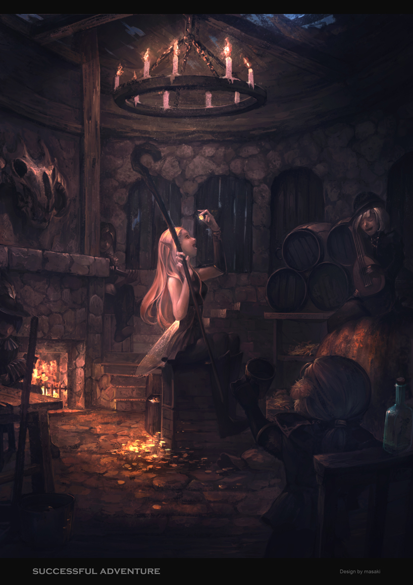 1girl 4boys ando barrel blonde_hair boots bottle candle chest coin fairy_wings fireplace from_behind hat indoors instrument long_hair multiple_boys open_mouth original pointy_ears sitting skirt skull staff treasure wings