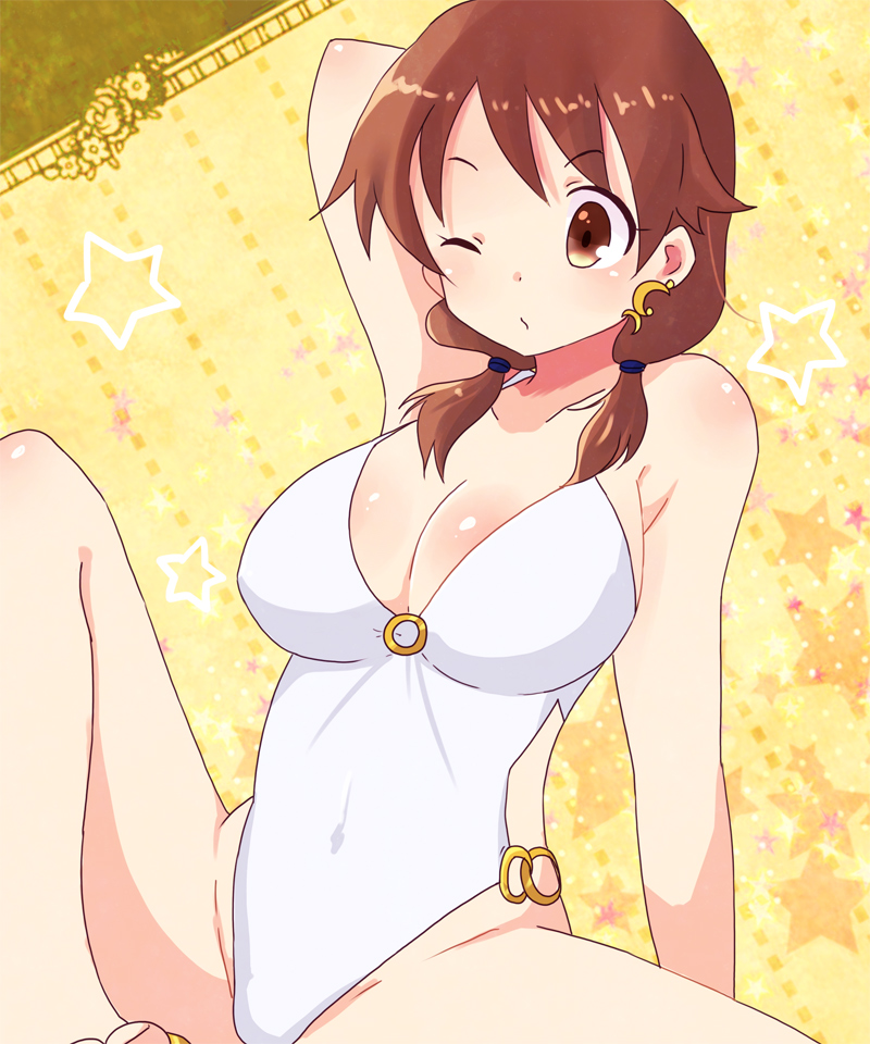 1girl arm_behind_head breasts brown_eyes brown_hair casual_one-piece_swimsuit cleavage earrings highleg highleg_swimsuit idolmaster idolmaster_cinderella_girls jewelry katagiri_sanae large_breasts low_twintails o-ring o-ring_swimsuit one-piece_swimsuit short_hair short_twintails sitting solo spread_legs sr_soba star swimsuit twintails white_swimsuit wink