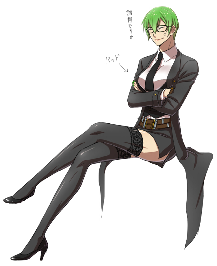 1girl anger_vein arin66 black_legwear blazblue breasts closed_eyes crossed_arms crossed_legs eyes_closed female formal genderswap green_hair hazama high_heels lace lace-trimmed_thighhighs large_breasts legs_crossed miniskirt multiple_belts nail_polish necktie shoes short_hair sitting skirt skirt_suit solo suit thigh-highs thighhighs translation_request