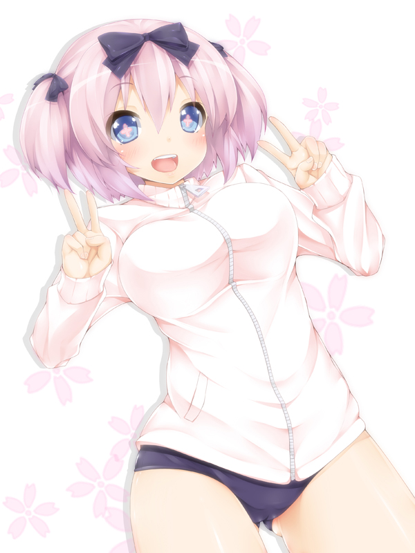 +_+ 1girl :d blue_eyes blush bow buruma double_v hair_bow hibari_(senran_kagura) looking_at_viewer open_mouth pink_hair senran_kagura short_hair short_twintails smile solo symbol-shaped_pupils track_jacket twintails v yukinon zipper