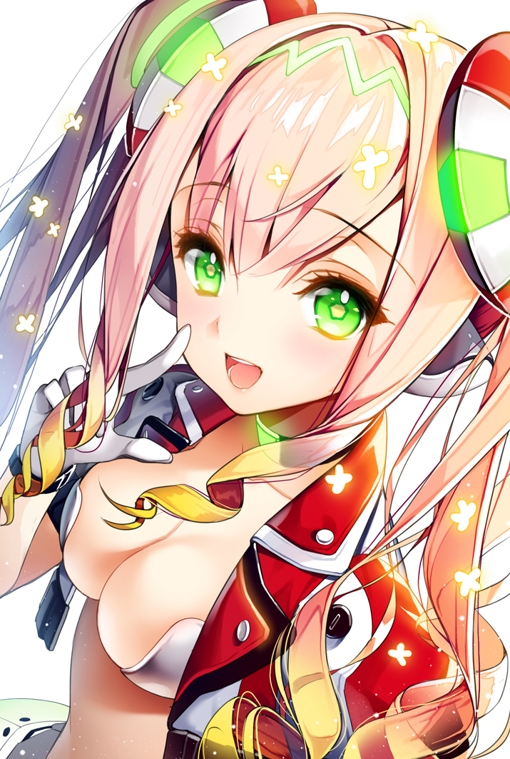 1girl :d breasts cherrypin cleavage copyright_request drill_hair gloves green_eyes headgear light_particles open_clothes open_mouth open_shirt pink_hair smile symbol-shaped_pupils twin_drills twintails