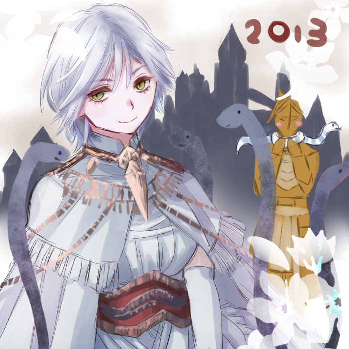 1boy 1girl 2013 armor blush castle crossdressinging dark_souls dark_sun_gwyndolin dress flower full_armor gloves helmet jewelry lady_of_the_darkling male no_headwear robe short_hair silver_hair slit_pupils smile snake solo trap yellow_eyes