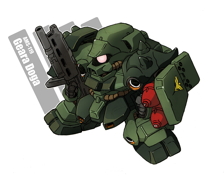 beam_machinegun char's_counterattack char's_counterattack chibi geara_doga glowing glowing_eye gundam mecha no_humans panzerfaust rocket_launcher shield solo spikes take_tonbo weapon