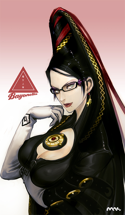 bayonetta_(character) black_hair blue_eyes breast_hold breasts cleavage_cutout earrings elbow_gloves erect_nipples eyeshadow glasses gloves jewelry large_breasts lips lipstick long_hair mhk_(mechamania) mhk_(pixiv) mole smile solo very_long_hair