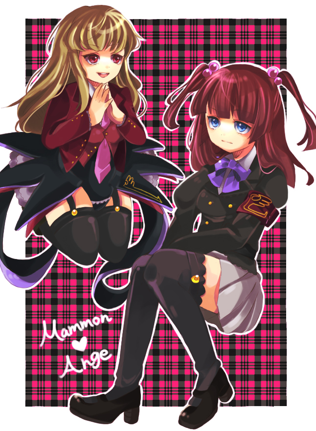 armband bad_id black_legwear blazer blue_eyes blush bowtie brown_hair garter_straps garters hair_bobbles hair_ornament hoe_satsuki long_hair mammon multiple_girls necktie red_eyes red_hair redhead satsuki_(artist) short_twintails skirt stakes_of_purgatory thigh-highs thighhighs twintails umineko_no_naku_koro_ni uniform ushiromiya_ange vest zettai_ryouiki