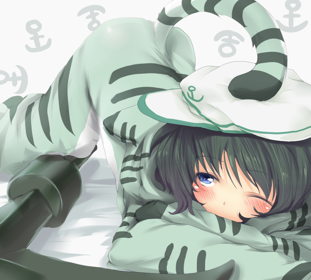 animal_costume bad_id black_hair blue_eyes costume hat murasa_minamitsu nejime pajamas sailor sailor_hat short_hair solo tail tiger_costume tiger_print touhou