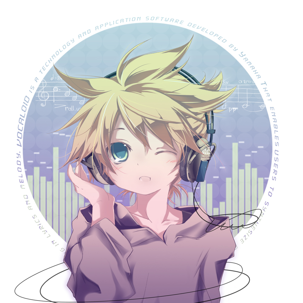 androgynous blonde_hair green_eyes headphones hekicha kagamine_len male musical_note open_mouth solo vocaloid wink