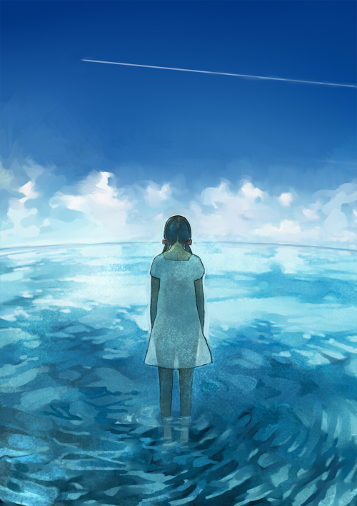 back bad_id blue brown_hair cloud clouds condensation_trail dress from_behind hair_ribbon long_hair popompon ribbon see-through seychelles_(hetalia) sky solo standing sundress twintails wading water white_dress