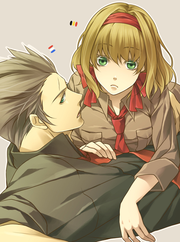 belgium_(hetalia) blonde_hair green_eyes netherlands_(hetalia) ribbon scar short_hair siblings sleeves_rolled_up teita